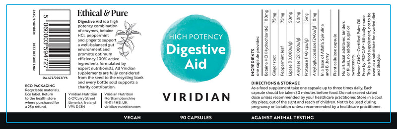 Viridian - High Potency Digestive Aid - 90 Caps | Broad-Spectrum Enzymes | with Betaine Hydrochloride, Peppermint & Ginger | Nutritionist Formulated