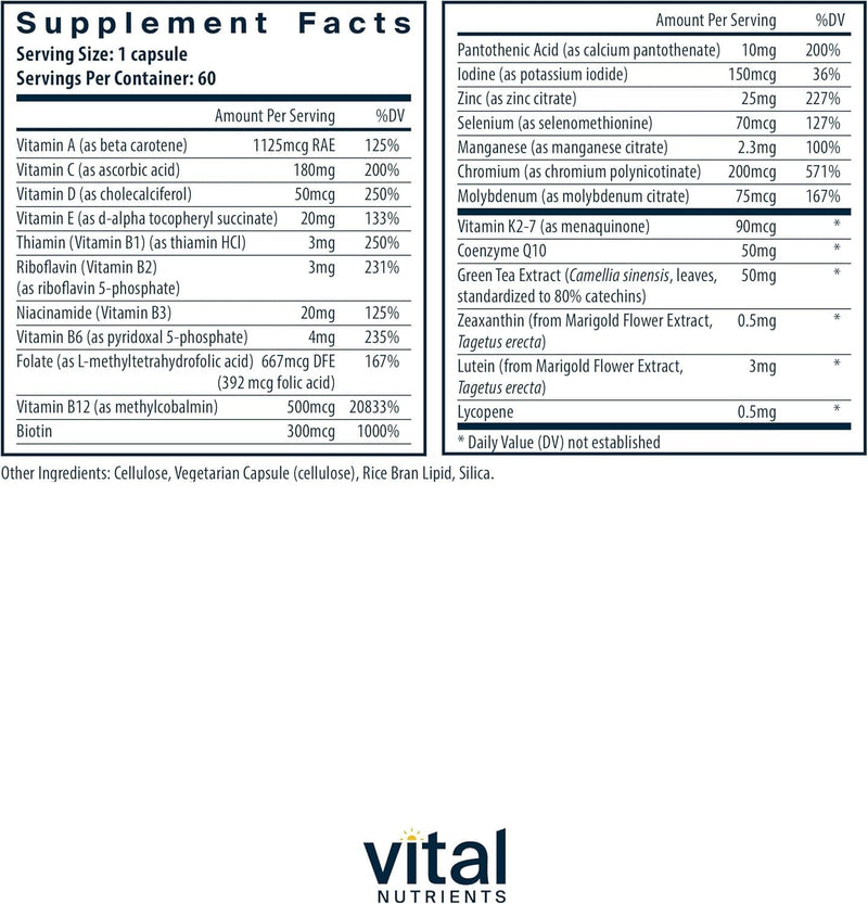 Vital Nutrients Once Daily Multivitamin - Vegan Multi for Women & Men - Allergen-Free - 19 Essential Vitamins + Antioxidants for Eye and Heart Health - Gluten, Dairy & Soy-Free - 60 Capsules 60 Count (Pack of 1)