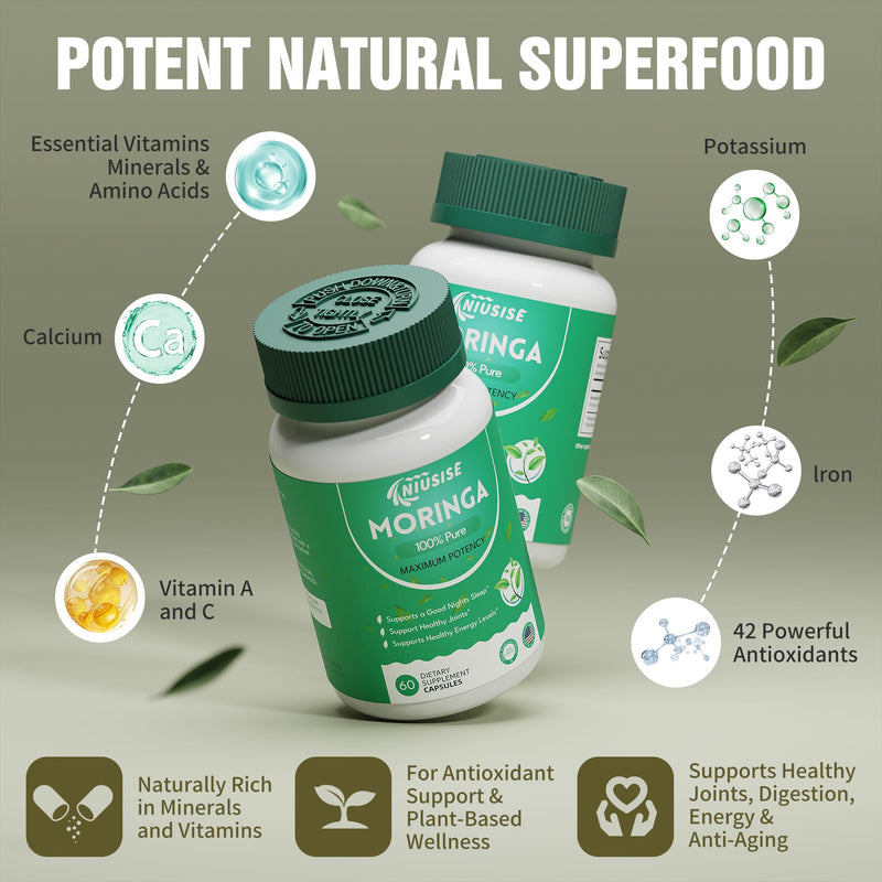 NIUSISE Moringa Powder Capsules, Organic Supplement 800mg Green Superfood from Moringa Leaf, Super Supplement Supports for Energy, Gut & Skin Health, Essential Vitamins, Vegan - 60 Capsules 60 Count (Pack of 1)