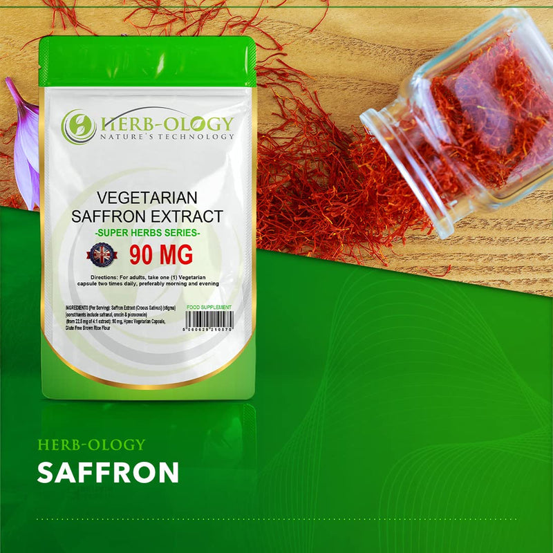 Herb-Ology Saffron Supplement | 60 Saffron Capsules (from 4:1 Extract) - 90mg Per Serving | High Strength | Non-GMO, Gluten, Dairy & Allergen Free | Manufactured in the UK 60 count (Pack of 1)