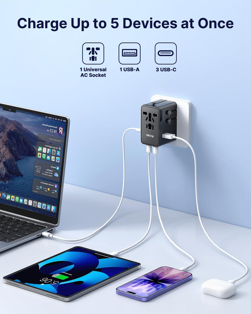 VINTAR Universal Travel Adapter 70W GaN, 5-in-1 with 3USB-C PD & 1USB-A QC | International Power Adapter, Fast Charging for Laptops/Tablets/Phones, All-in-One Travel Essentials for EU/UK/US/AU, Black 70W Black1