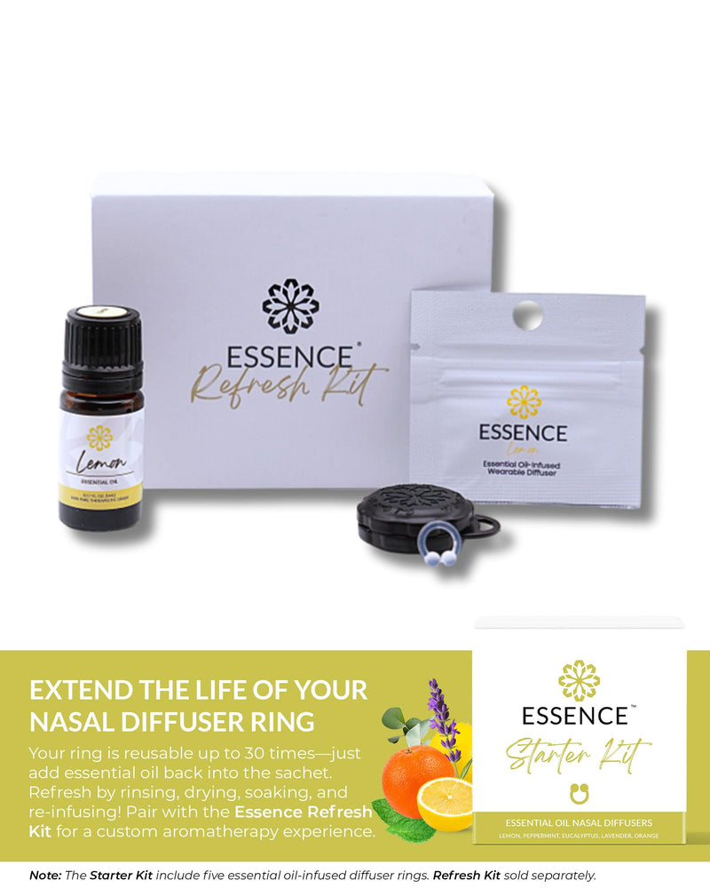 [Australia] - Essence Nasal Diffuser Starter Kit ‚Äì Essential Oil Silicone Nose Ring Inhalers for Beginners ‚Äì Wearable Aromatherapy Bundle for Relaxation, Energy & Breathing Support Starter Kit (Lemon, Peppermint, Eucalyptus, Lavender, Orange) 