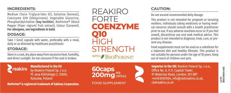 Reakiro Forte Coenzyme Q10 200mg of CoQ10 per Capsule, 60pcs I High Strength Naturally Fermented Co Enzyme Q10 Supplement with BioPerine I Expertly Crafted for Optimal Energy and Vitality 60 count (Pack of 1)