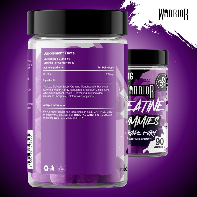 Warrior Creatine Gummies 90 Gummies – 1000mg Each – 30 Day Supply – High Strength Creatine Monohydrate Gummies – Vegan, Sugar Free Chewable Supplement for Strength & Recovery (Grape Fury) Grape Fury