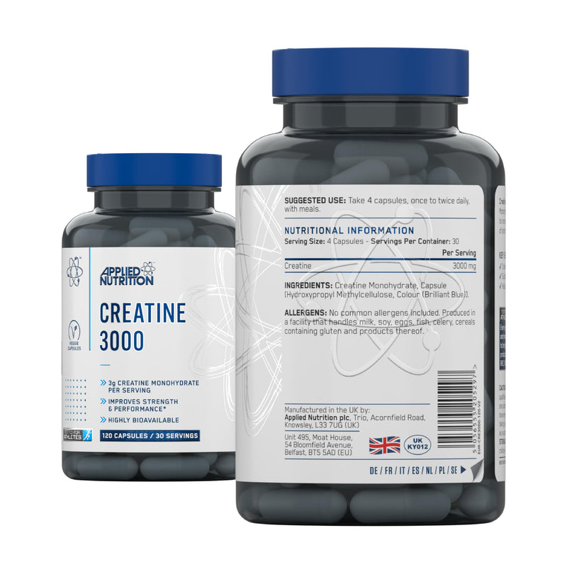 Applied Nutrition Creatine Monohydrate Capsules 3000mg Per Serving – High Strength Gym Supplement for Men & Women – Unflavoured Energy & Performance Support for Workout (120 Capsules – 30 Servings) 120 count (Pack of 1)
