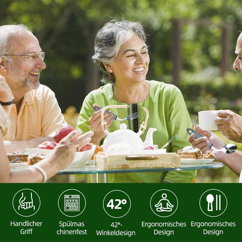 42° Angle Parkinson Cutlery (4-Piece), Adaptive Cutlery Set, 85 g Weighted Cutlery for Hand Tremors and Arthritis - Ergonomic Eating Aids with Non-Slip Handle (Right-Handed Users)