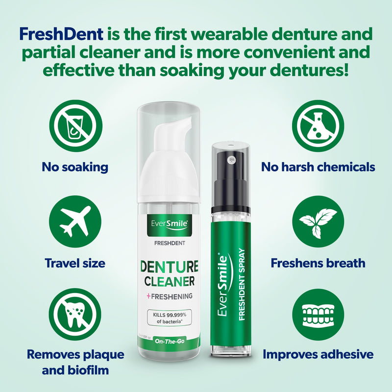 EverSmile FreshDent Denture and Partial Denture Cleaner + Teeth Whitening Spray – Travel Size Alternative to Cleaning Tablets That Eliminates Bacteria and Fights Bad Breath – 50ml + 10ml Pack 1 Count (Pack of 1)