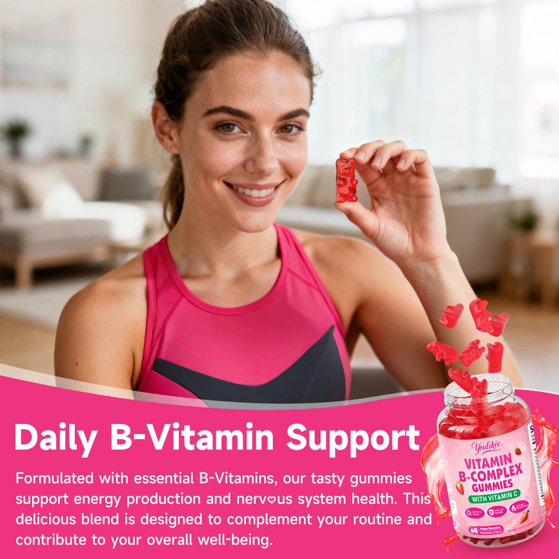 2 Pack Vitamin B-Complex Gummies for Women & Men, 120 Ct | Methyl B12, B1, B2, B3, B5, B6, B7 & B9 - Vitamin B Complex with Vitamin C for Energy & Immune Support, Strawberry Flavor 60 Count (Pack of 2)
