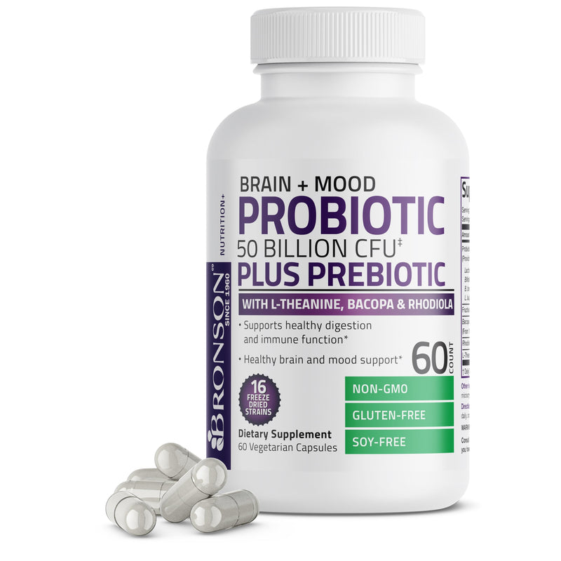 Bronson Brain + Mood Probiotic 50 Billion CFU + Prebiotic, 60 Capsules | 16 Freeze-Dried Strains with L-Theanine, Bacopa & Rhodiola, Digestive & Immune Support, Non-GMO, Gluten-Free & Soy-Free