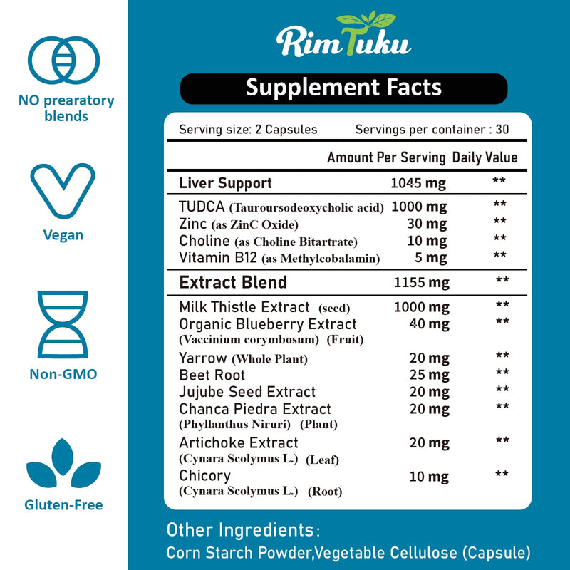 [Australia] - 2200MG TUDCA Supplement with Milk Thistle 12-in-1 Formula Liver Support, Bile Salts Supplement for Liver Cleanse & Detox, Bile Flow & Gallbladder Support 60 Capsules 60 Count (Pack of 1) 