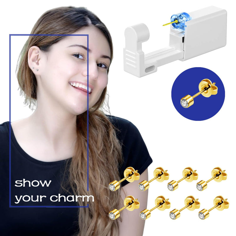 Get the Perfect Ear Piercing with 24Pcs Premium Ear Piercing Kit - Includes 8 CZ Diamond Earrings and 8 Easy-to-Use Self Ear Piercing Gun - Safe, Hypoallergenic, and Painless Gold