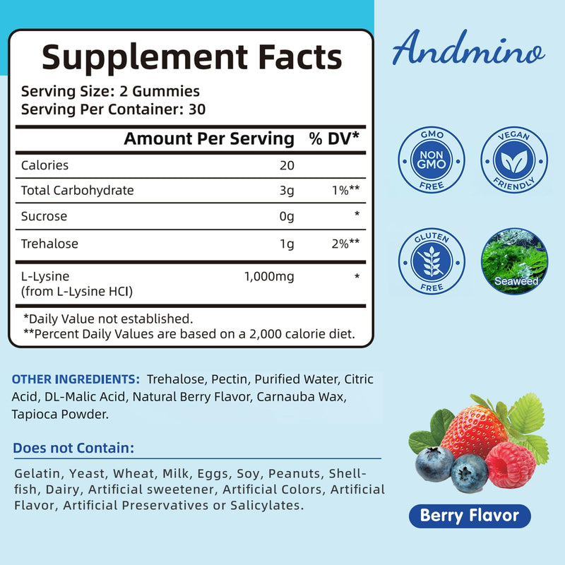 [Australia] - L-Lysine Gummies 1000 mg, with Trehalose, L Lysine Gummies for Lips & Oral Wellness, Immune Support & Collagen & Calcium, for Adults & Kids, Non-GMO, Vegan, Gluten Free, Berry Flavor, 60 60 Count (Pack of 1) 