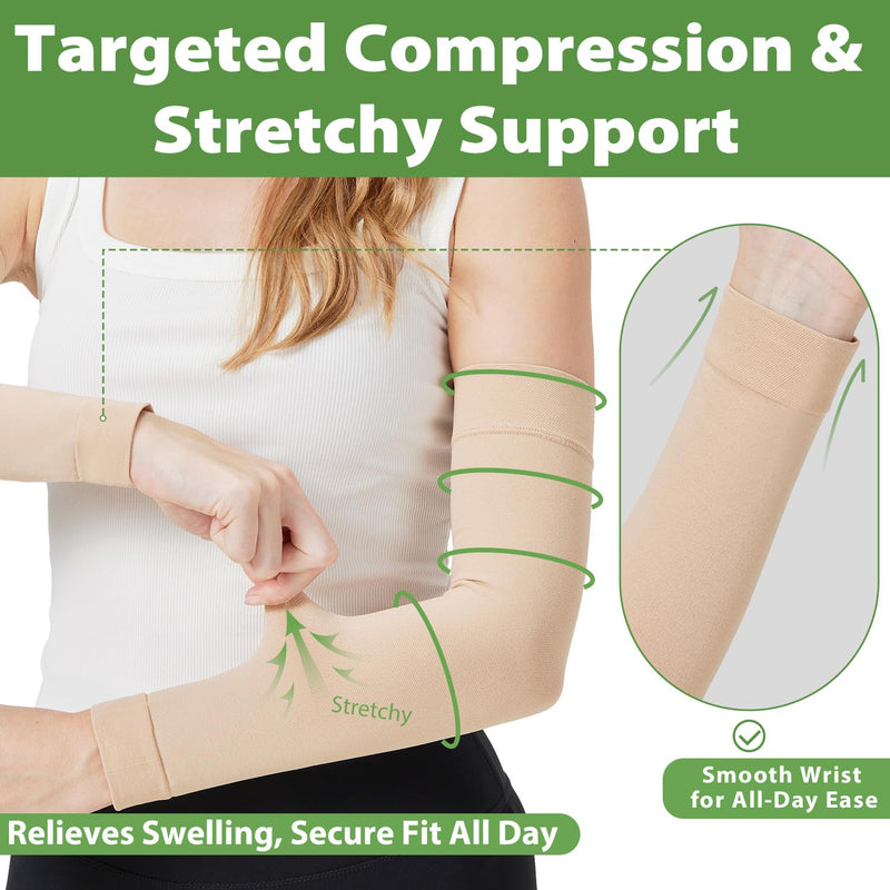[Australia] - Compression Lymphedema Arm Sleeves for Women, 20-30 mmHg Full Arm Support for Swelling Recovery Circulation Beige Large 