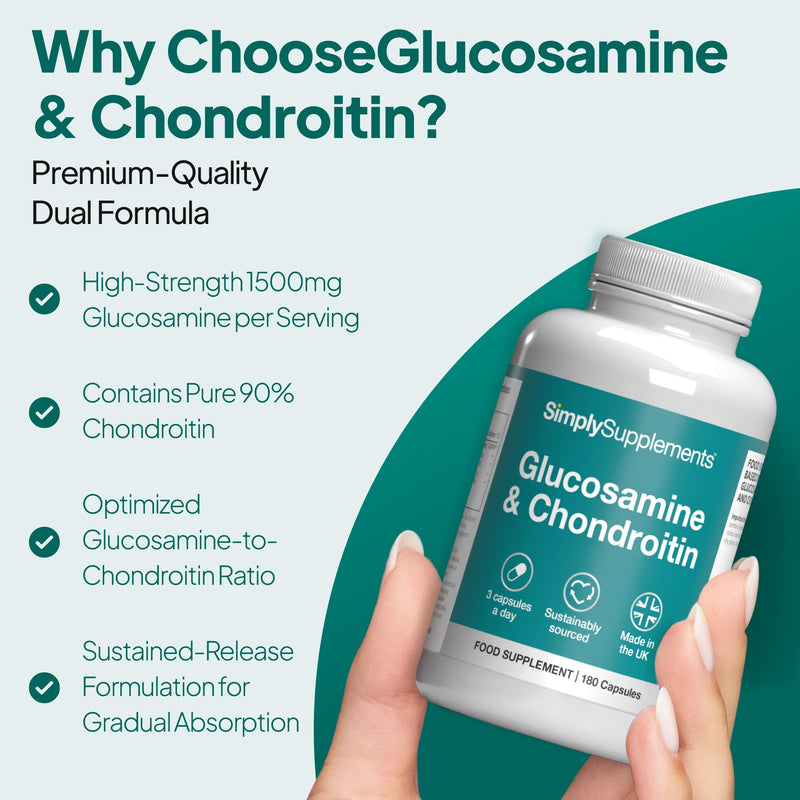 Glucosamine & Chondroitin | High Strength | Supports an Active Lifestyle | Marine Sourced | 3rd Party Tested | 180 Capsules = 2 Months' Supply | GMP-Certified & UK-Made Unflavoured 180 count (Pack of 1)