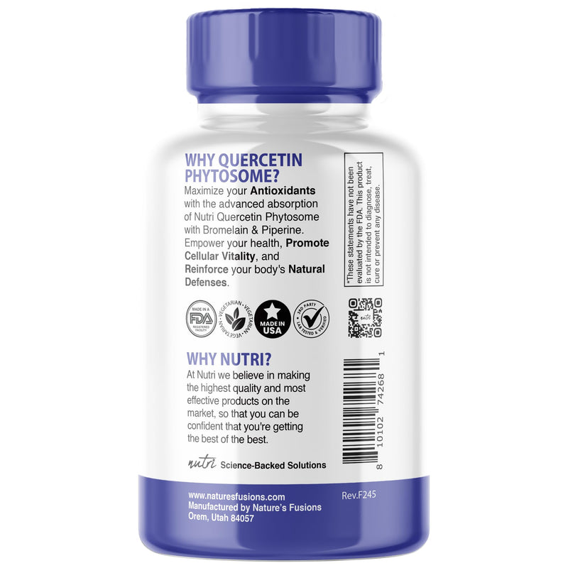 Nutri 500 mg Liposomal Quercetin Phytosome with Bromelain and Piperine - Patented 20x More Bioavailable - Supports Immune/Cardiovascular Health - 60 Capsules - 3rd Party Tested & GMP Certified