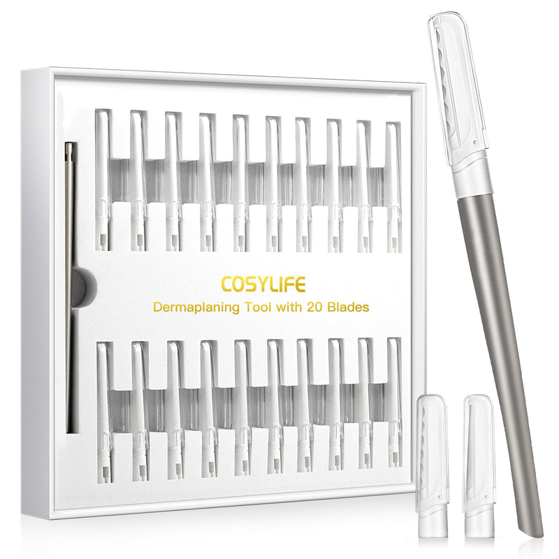 Dermaplaning Tool for Face Exfoliation, with 20 Replaceable Blades, Facial Shaver/Eyebrow Razor, Peach Fuzz Removal Eyebrow Shaper for Women, Easy to Use Dermaplaner Help Exfoliate and Smooth Skin Silver