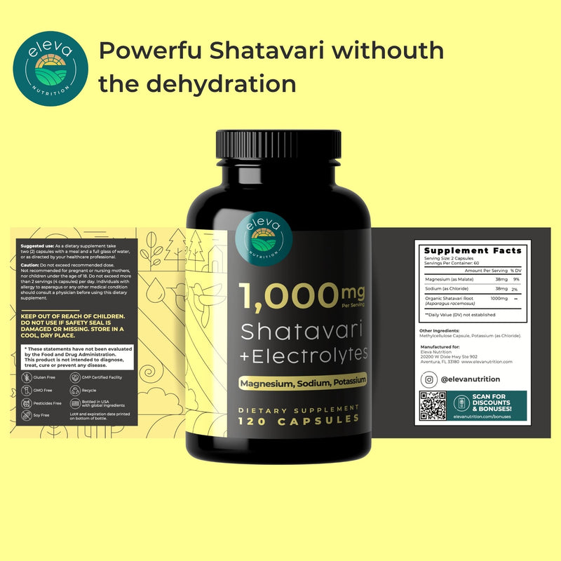 [Australia] - Shatavari Organic Powder Capsules for Women and Men from the Root (Chitabari)- Plus Electrolytes Magnesium, Sodium, Potassium for Enhanced Hydration to Counter Shatavari Powder's Diuretic Effect-120Ct 