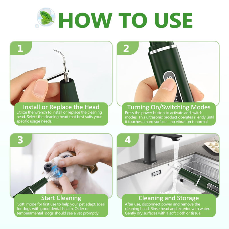 [Australia] - Plaque Remover for Teeth - Electric Toothbrush for Dogs Pet Brush Set,Electric Five Modes + 3 Cleaning Head, Plaque Remover for Teeth Stains for Dogs and Cats (Dark Green, Large) 
