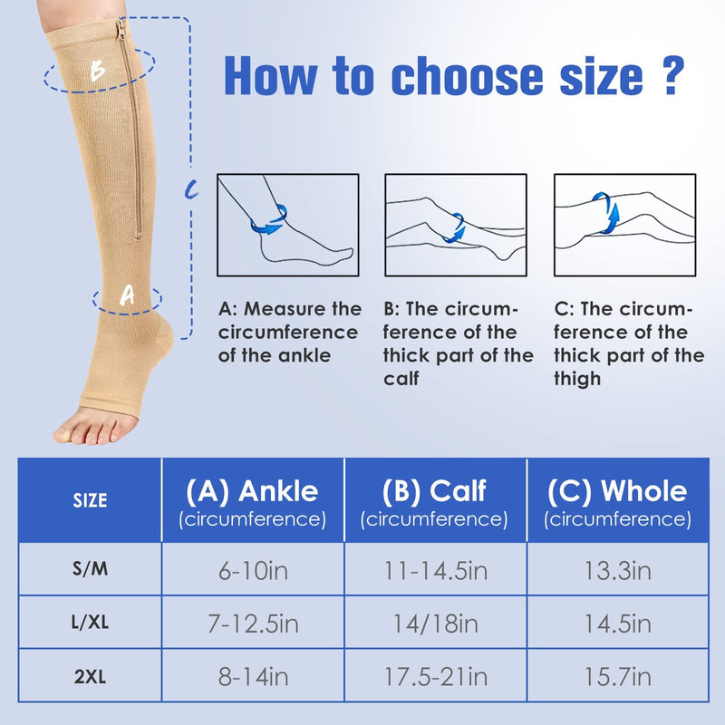[Australia] - bropite Compression Socks with Zip, 2 Pairs, Calf Height, Open Toe, Compression Socks L-XL B- NUDE 