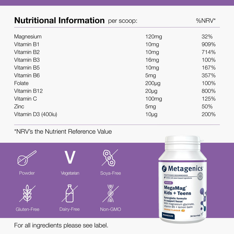 Metagenics MegaMag Kids + Teens - Magnesium & Lemon Balm Powder with B Vitamins for Focus at School - Orange, 30 Servings