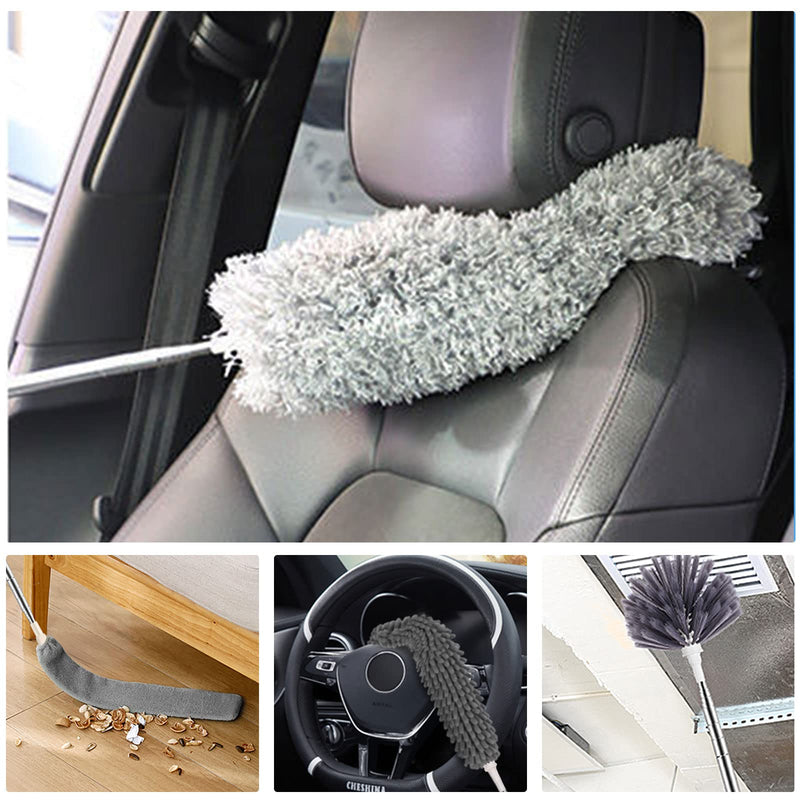 [Australia] - Microfiber Feather Duster 5-in-1 Kit, Dusters for Cleaning, Duster with Extension Pole 100 Inches, Cobweb Duster, Microfiber Dusters for High Ceilings and Fans, Blinds, Cars and Furniture A Gray 