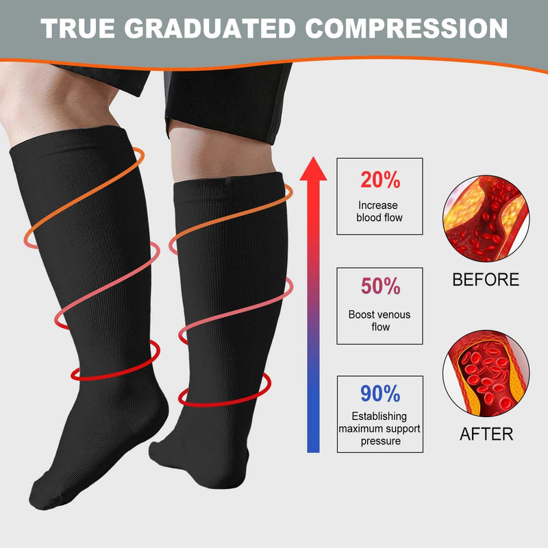 [Australia] - Plus Size Compression Socks: Wide Calf Compression Stockings for Men Women - Up to 7X Large 20-30 mmHg Compression Hose for Pregnancy Travel Running Nurses XX-Large Black 