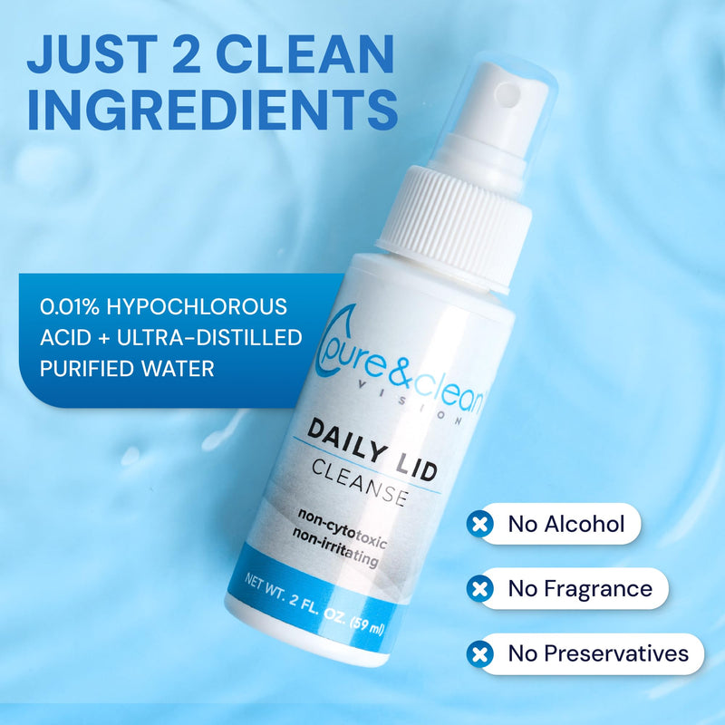 [Australia] - PURE & CLEAN Daily Lid Cleanse Spray - .01% Hypochlorous Acid Eyelid & Lash Cleanser - Gentle HOCl Formula for Blepharitis, Dry Eye, Irritation - Safe for Sensitive Eyes, Contact Lenses - 2 oz 