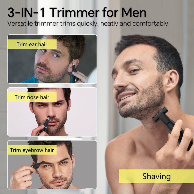[Australia] - RUIM Nose Hair Trimmer for Men, 3-in-1 Painless Eyebrow & Body Groomer, Waterproof Electric Razor for Ear, Beard Stubble and Sensitive Areas, 360° Rotation, USB-C 