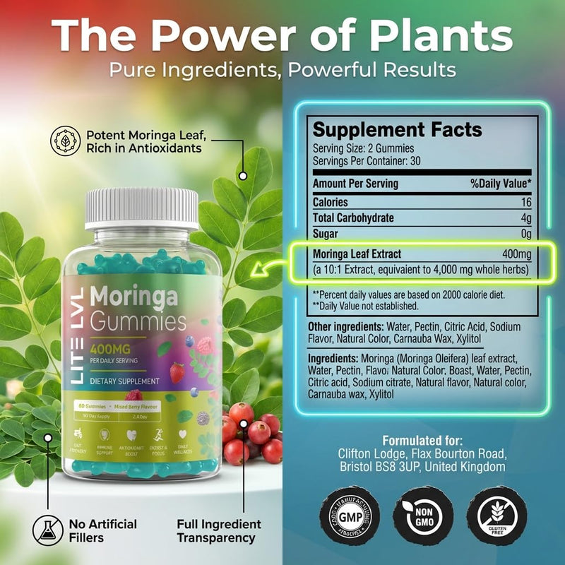 Moringa Gummies x 60 | Daily Wellness Support | Plant Based Superfood Gummies | Easy Wellness with Moringa Leaf | Powerful Antioxidants | Mixed Berry Flavour | 30 Days Supply |