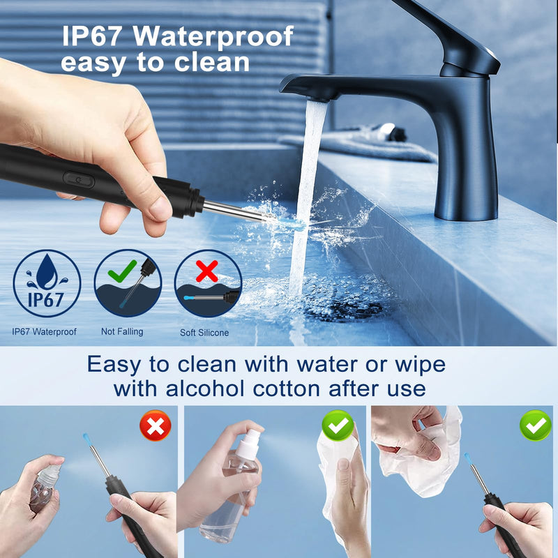 [Australia] - Ear Wax Removal, Ear Cleaner with Camera with 1296P, Earwax Removal kit with 9 Ear Pick and 8 Traditional Tools, Built-in WiFi IP67 Waterproof, Ear Cleaning Kit for iPhone,iPad,Android(black) Black 