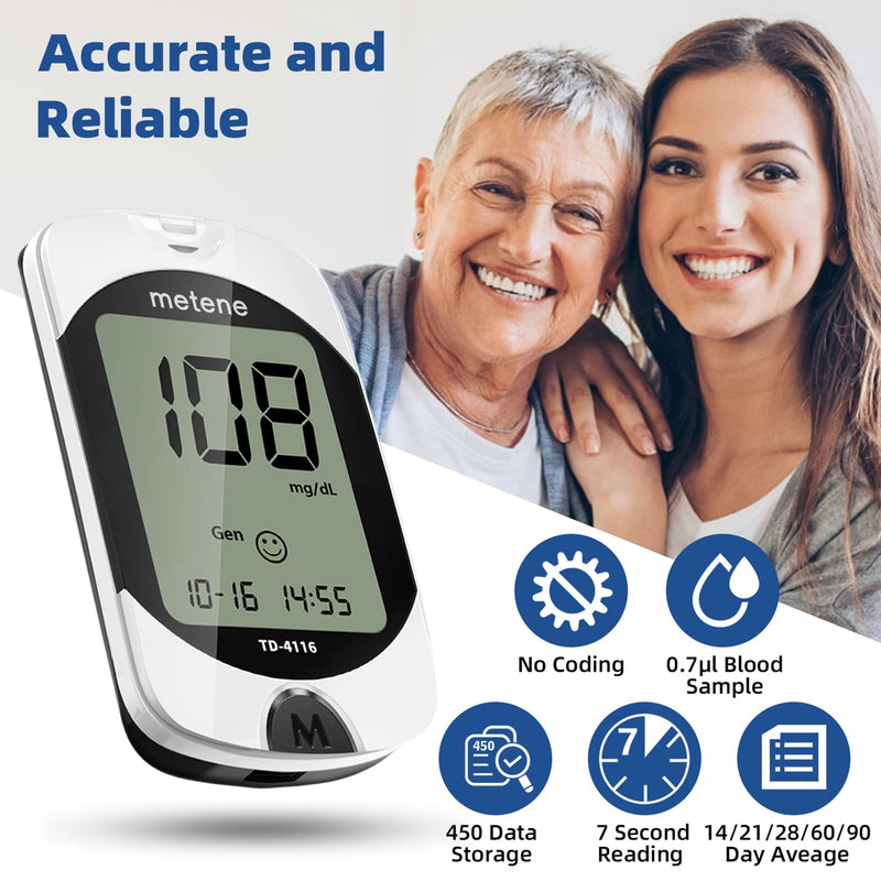 Metene TD-4116 Blood Glucose Monitor Kit, 100 Glucometer Strips, 100 Lancets, 1 Blood Sugar Monitor, Blood Sugar Test Kit with Control Solution, Lancing Device, No Coding, Large Display