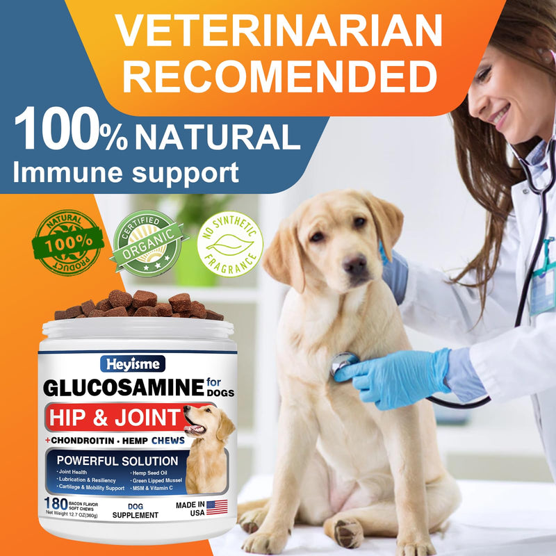 Glucosamine for Dogs, 180 Chews Hip and Joint Supplement for Dogs, Glucosamine Chondroitin, MSM Hemp Dog Joint Pain Relief, Dog Joint Supplement Health Mobility Support (180 Chews, Bacon) - PawsPlanet Australia