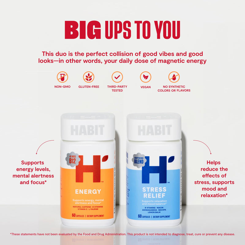 Habit Huge Mood Bundle - Energy (60 Capsules) + Stress Relief (60 Capsules) Supplements. Supports Alertness and Focus, Supports Relaxation & Mood Balance, Vegan, Non-GMO