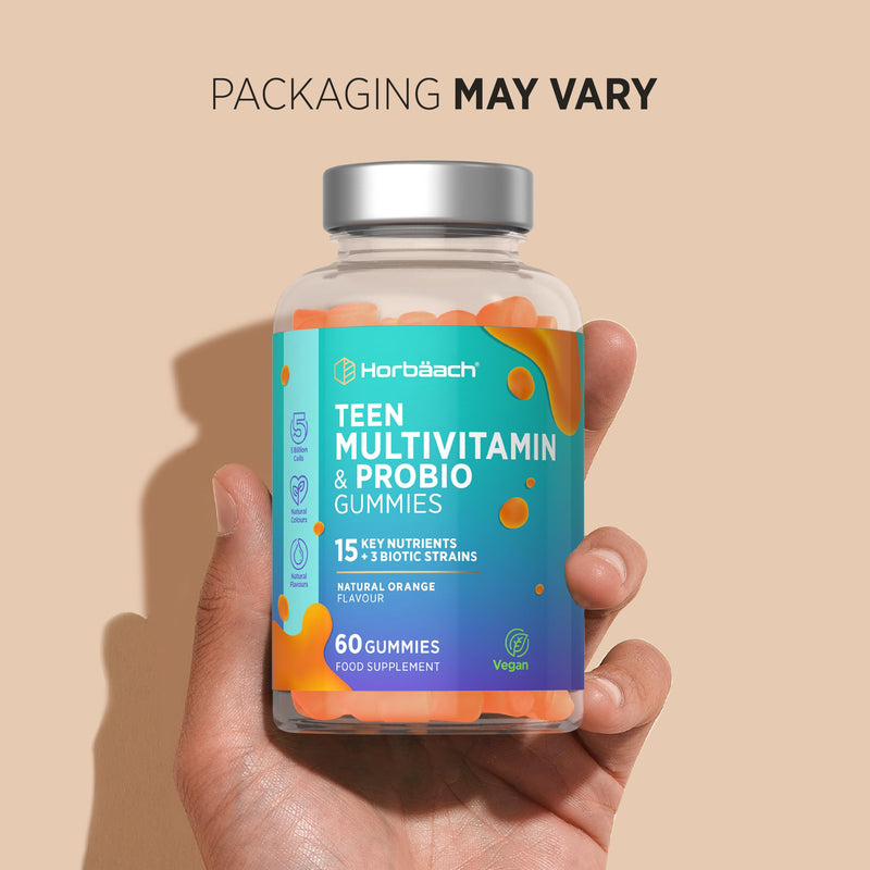 Teen Multivitamin Gummies with Probiotic | 60 Count | 15 Key Nutrients with Vitamin C, Biotin and Zinc | + 3 Biotic Strains | Natural Orange Flavour | Vegan | By Horbaach