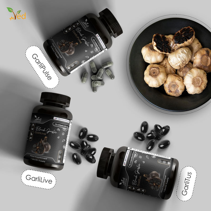VED GarliNura, 90 Softgels, Fermented & Odorless Black Garlic Supplement with Lavender Flower, Rosemary Leaf, Green Tea Leaf, ALA, Vitamin E, B6, B2, B1, Non-GMO, Halal, 2 Softgels per Day.