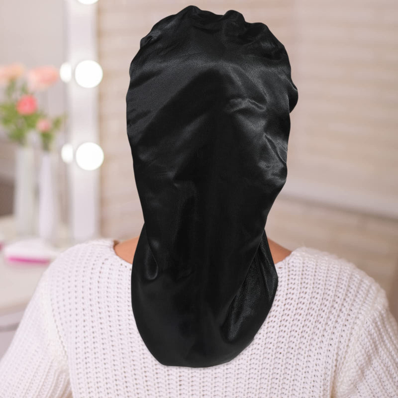 [Australia] - AWAYTR Long Satin Bonnet for Women - Double Layer Elastic Silk Bonnet for Braids Hair Sleeping Cap with Tie Band (Black) One Size Black 