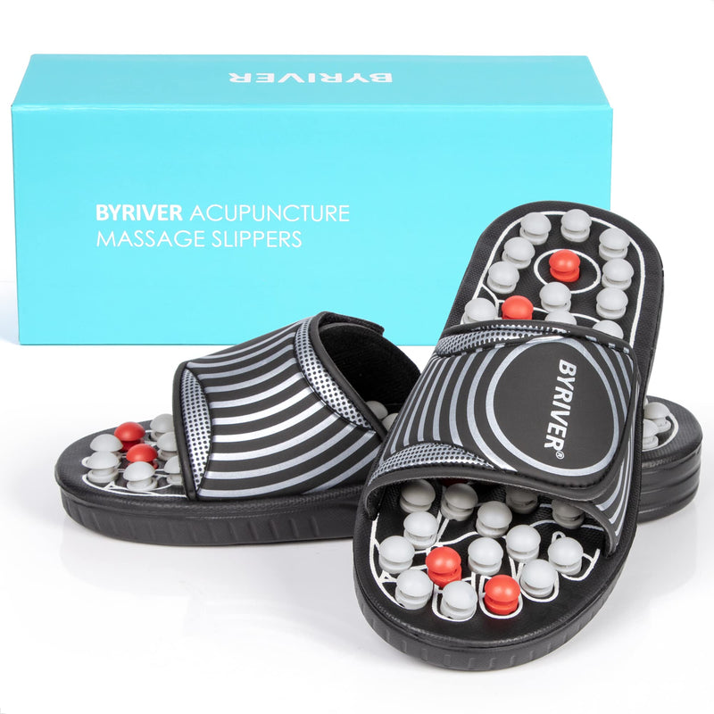 [Australia] - BYRIVER Foot Reflexology Tools Pressure Point Massage Mat Slippers Slides Sandals Shoes, Back Knee Feet Arch Heel Pain Tension Relief Products, Relaxation Gifts for Mom Dad Parents(02L) L-Men(9.5-11) Black Spring Slippers 