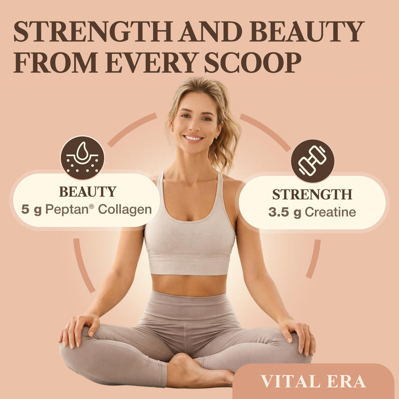 Strength + Glow, 8 in 1 Blend with Creatine monohydrate Powder, Peptan® Collagen Powder, Biotin, Hyaluronic Acid, Vitamin C, Magnesium, Calcium, Zinc. Creatine for Women
