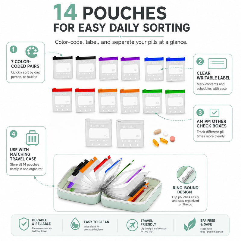 Travel Pill Organizer A8 Waterproof Pill Pouches with Binder 14 PCS L Size Clear Zipper Medicine Storage Bags with Labels Reusable Pill Holder Case for Vitamins Daily Use and Trips Pink*purple