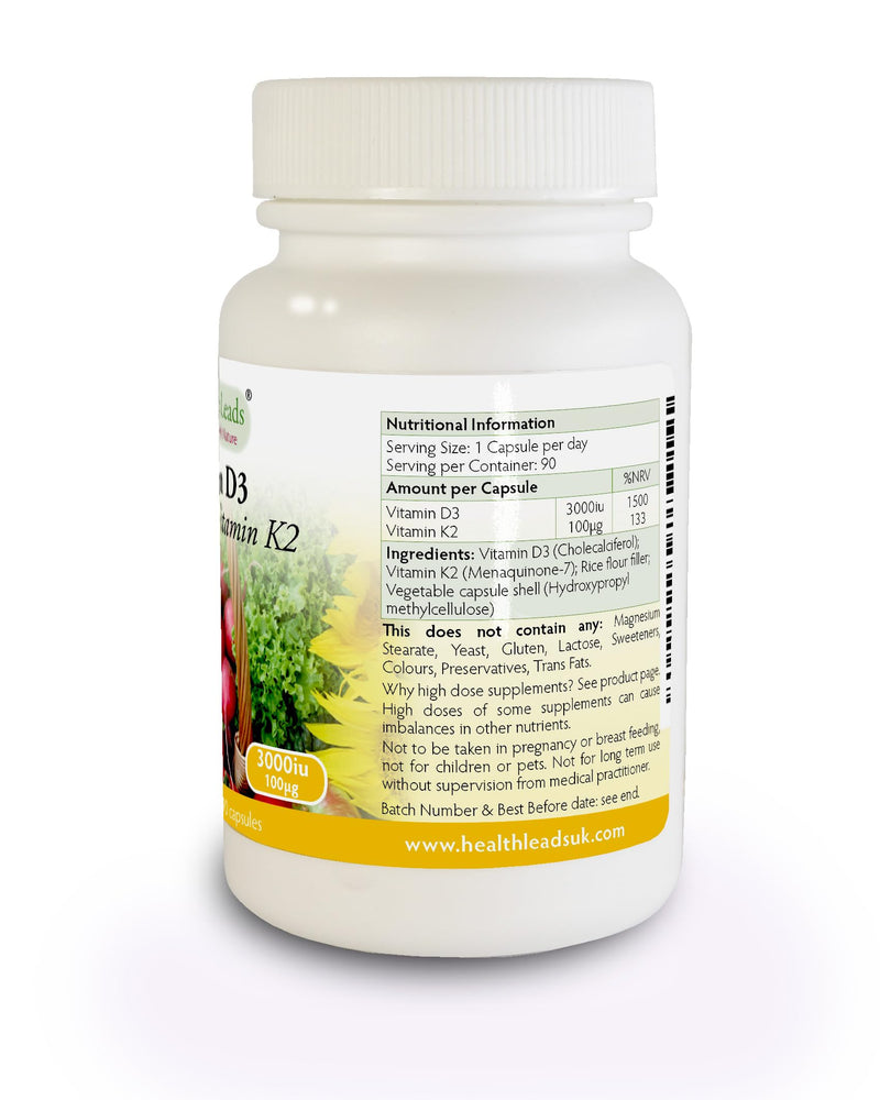 Vitamin D3 3000iu and Vitamin K2 100mcg 90 Capsules, Manufactured for Maximum Absorption, Magnesium Stearate Free & No Nasties, Made in Wales