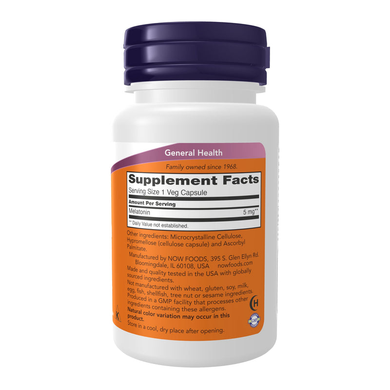 NOW Foods Supplements, Melatonin 5 mg, Free Radical Scavenger*, Healthy Sleep Cycle*, 60 Veg Capsules 60 Count (Pack of 1)