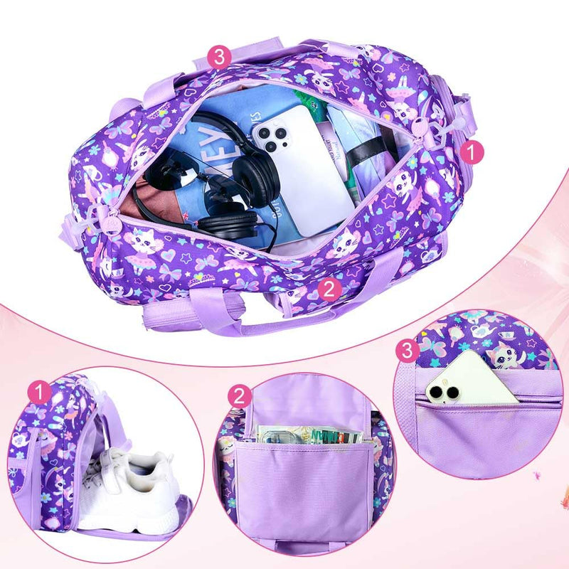 Kids Cat Duffle Bag for Girls, Water-Resistant Travel & Weekender Bag with Shoe Compartment for Sports, Gym & Sleepovers Cute Cat Duffle Bag Purple