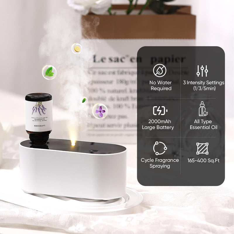 [Australia] - Waterless Diffuser for Essential Oil, Battery Operated Scent Air Aromatherapy Diffuser, Mini Aroma Diffusers with 3 Intermittent Mist Modes, Cycle Start, for 400 sq.ft Room Home Office Bedroom White 