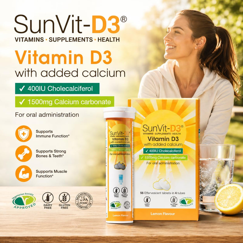 Sunvit-D3 Dissolvable Effervescent Lemon Calcium Fizzy Tablets 600mg, with Vitamin D3 400IU Daily Support for Strong Bones & Immune Health, Effervescent Calcium and Vitamin D Tablets 14 X 4 Tubes