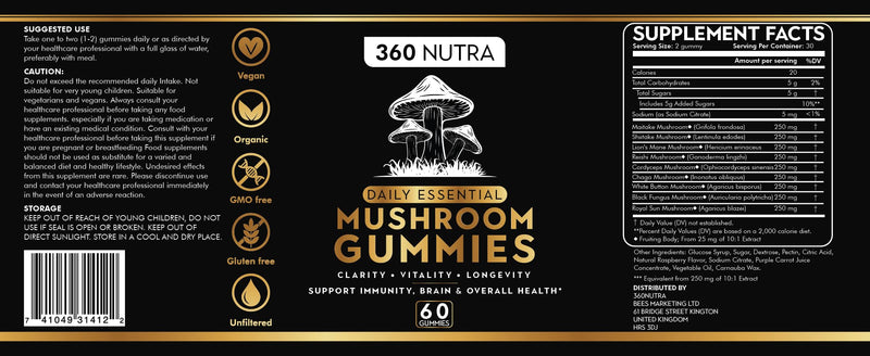 Premium Organic Mushroom Gummies| Immune Support and Antioxidant Boost Vegan Gummies | All-Natural Immunity-Enhancing Mushroom Supplements for Adults| Focus Gummies for Memory, Focus and Nerve Health