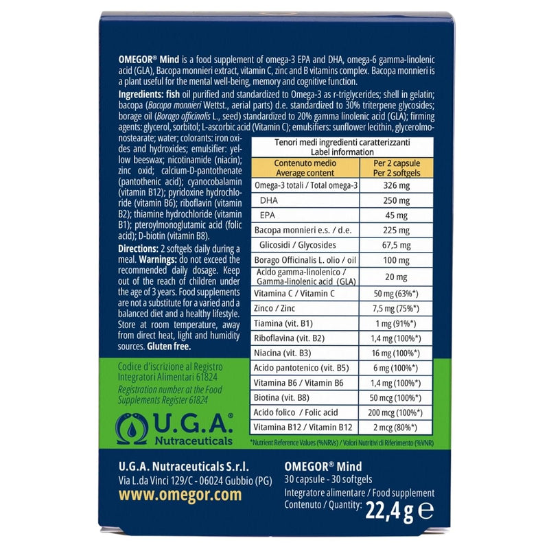 OMEGOR Mind Omega 3 and Bacopa Monnieri - Memory and Focus Supplement for Kids and Senior with Borage Oil, Zinc and Vitamin B (30 Capsules) 30 count (Pack of 1)