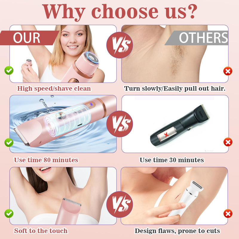 [Australia] - Bikini Trimmer for Women 2in1 High Power Epilators Hair Removal Waterproof Electric Razors Women's Electric Razor Pubic Hair Trimmer Shaver for Women for Ladies Pubic, Face, Underarms, Legs (Pink) Pink 