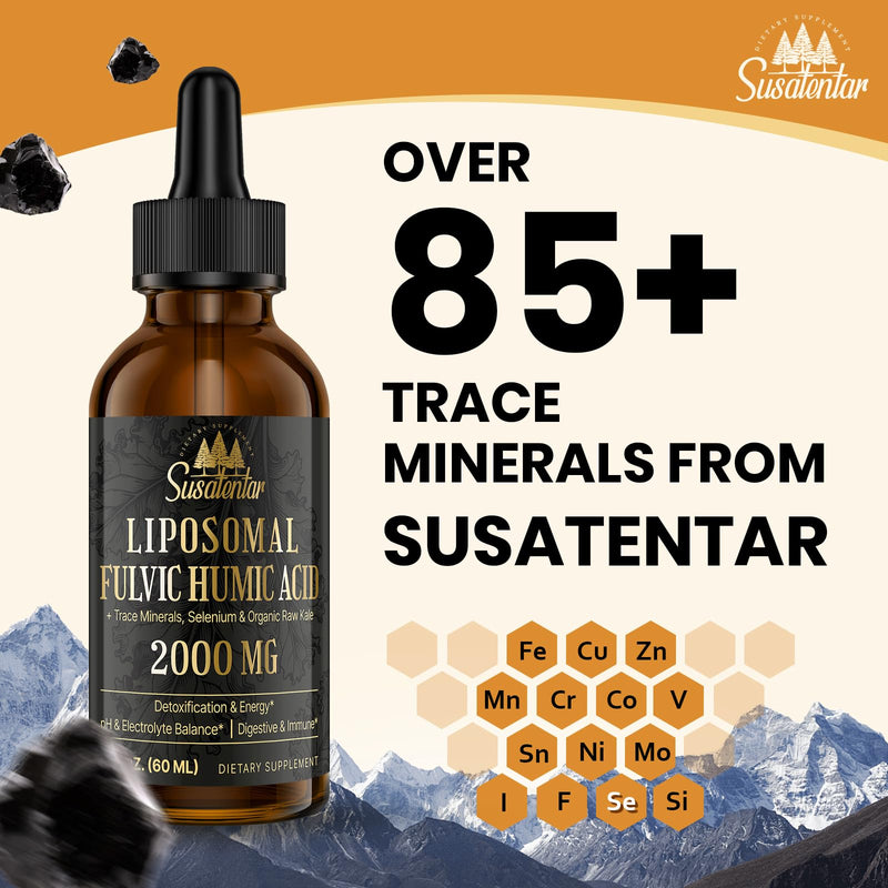 [Australia] - 2000 MG Liposomal Fulvic Acid + Humic Acid + Trace Minerals Complex - More Potent Than Shilajit, Electrolytes Liquid Supplement with Organic Kale for Energy, Digestion, Immunity & pH Balance, 2 Oz 2 Fl Oz (Pack of 1) 