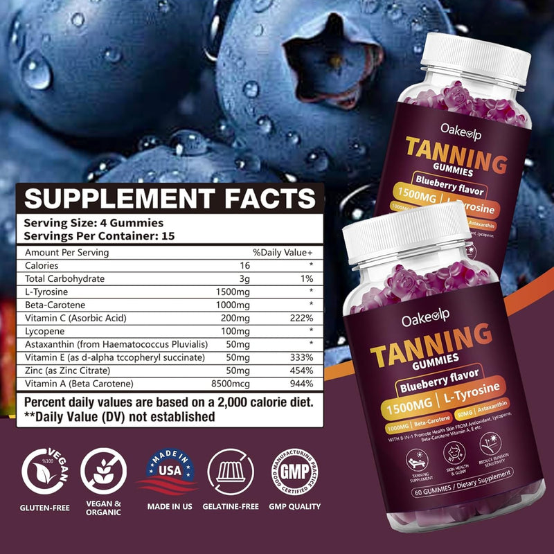 [Australia] - 2 Pack Extra Powerful Tanning Gummies,1500mg of L-Tyrosine,Daily Tanning Supplement Adults Woman & Men,with 1000mg of Beta-Carotene,50mg of Astaxanthin,8500mcg of Vitamin A for Skin Health 30 Count (Pack of 2) 