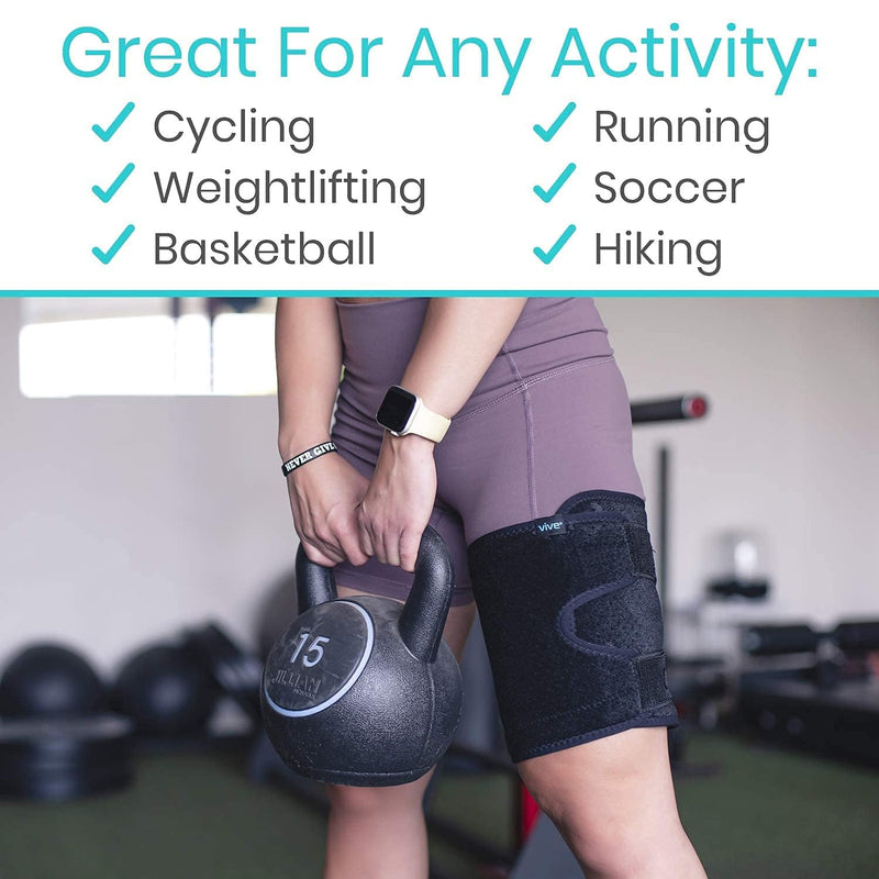[Australia] - Vive Thigh Brace - Hamstring Quad Wrap - Adjustable Compression Sleeve Support for Pulled Groin Muscle, Sprains, Quadricep, Tendinitis, Workouts, Sciatica Pain and Sports Recovery - Men, Women (Black) Black 1 